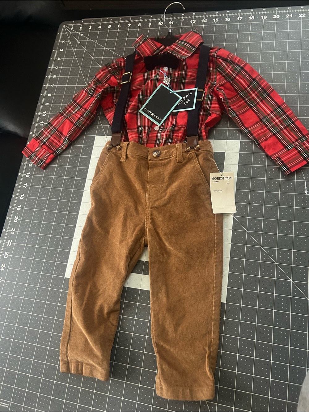 Andy & Evan Red Plaid Shirt with Black Suspenders